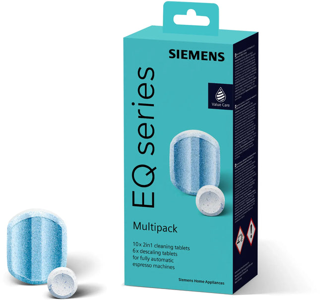 Siemens Multipack Entkalkung/Reinigung - 6 Entkalkungstabletten, 10 Reinigungstabletten passend für Kaffeevollautomaten der EQ Reihe, sowie Einbauvollautomaten